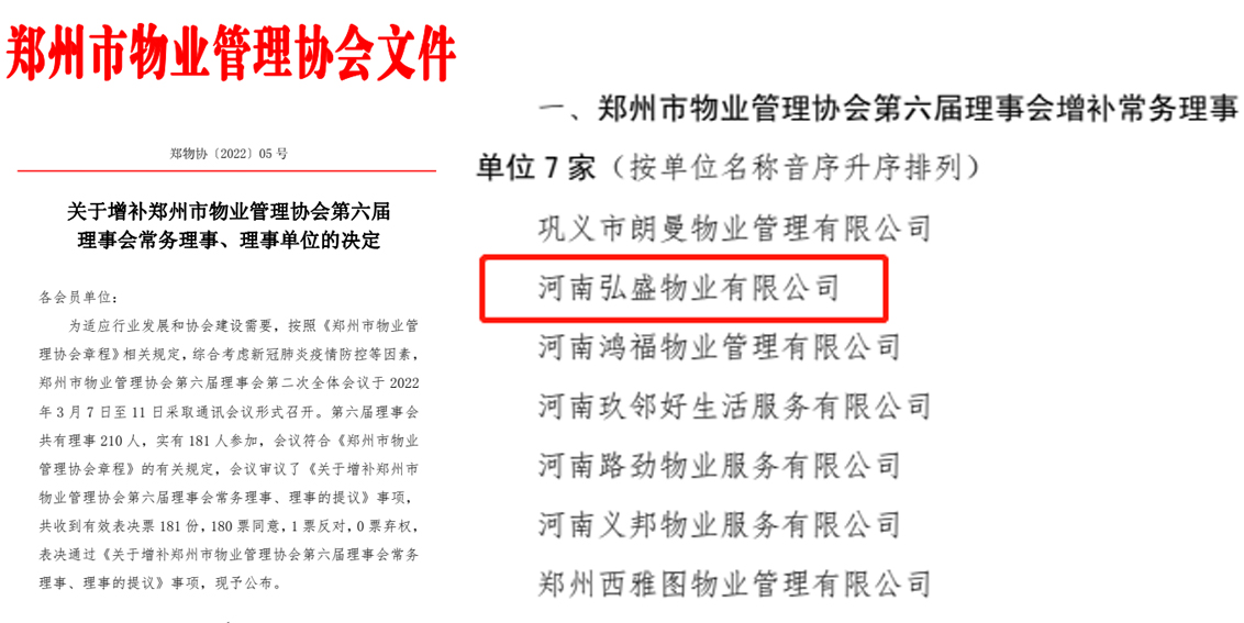 喜讯 | 河南弘盛物业荣升为郑州市物业管理协会常务理事单位